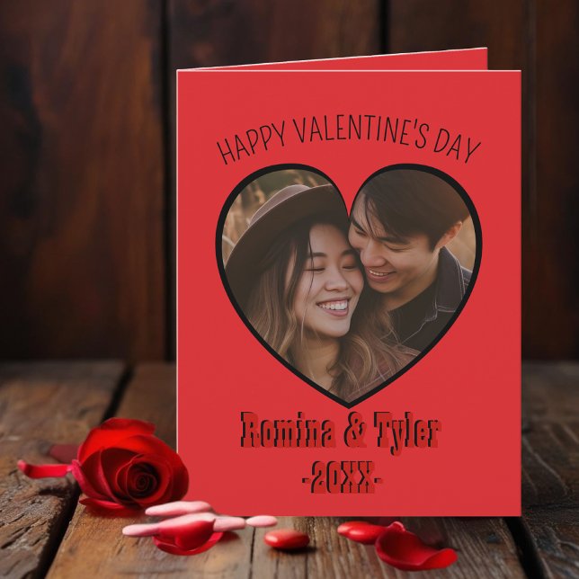 Romantiskt rött hjärtfoto med Anpassningsbar Text  Kort (Romantic Red Heart Photo with Custom Text folded Card)
