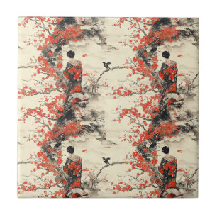 Romantiskt Sakura Kimono Par Mönster (2) Kakelplatta