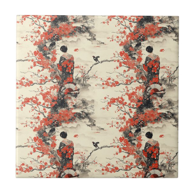 Romantiskt Sakura Kimono Par Mönster (2) Kakelplatta (Framsidan)