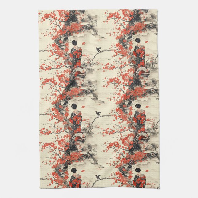 Romantiskt Sakura Kimono Par Mönster (2) Kökshandduk (Vertikal)