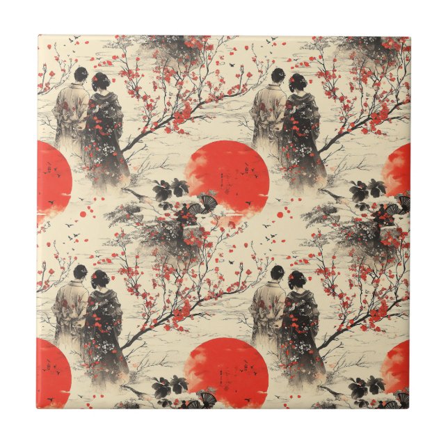 Romantiskt Sakura Kimono Par Mönster (3) Kakelplatta (Framsidan)