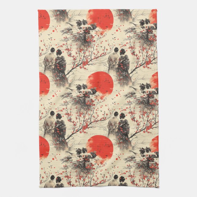 Romantiskt Sakura Kimono Par Mönster (3) Kökshandduk (Vertikal)