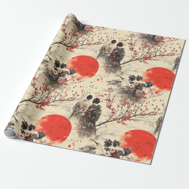 Romantiskt Sakura Kimono Par Mönster (3) Presentpapper (Utrullad)
