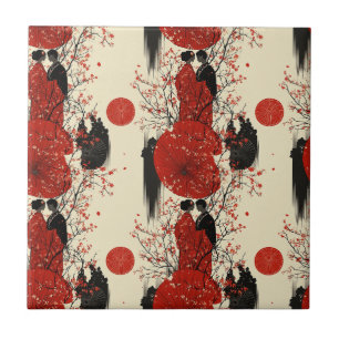 Romantiskt Sakura Kimono Par Mönster (4) Kakelplatta