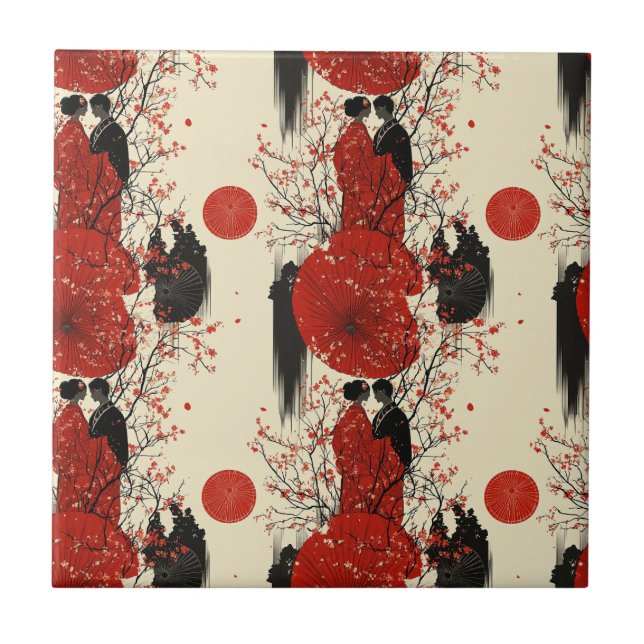 Romantiskt Sakura Kimono Par Mönster (4) Kakelplatta (Framsidan)