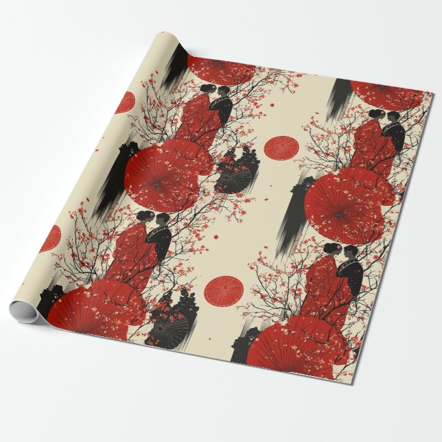 Romantiskt Sakura Kimono Par Mönster (4) Presentpapper (Utrullad)