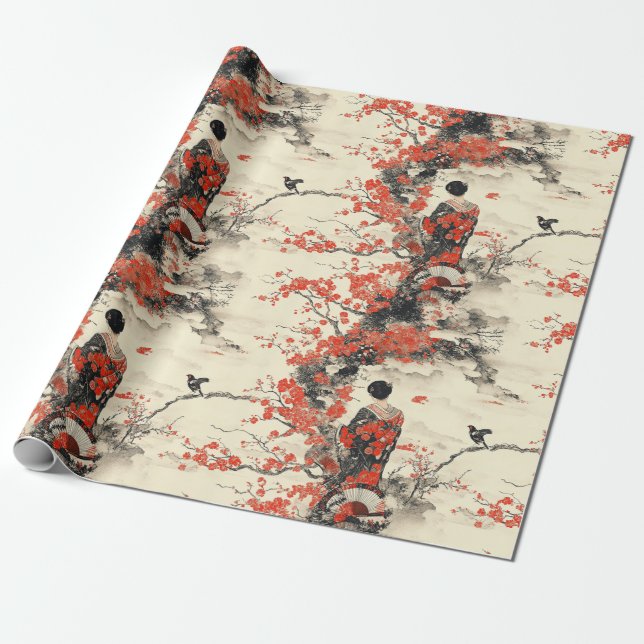 Romantiskt Sakura Kimono-Parmönster (2) Presentpapper (Utrullad)
