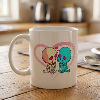 Romantiskt skelettpar som kysser i rosa hjärta kaffemugg