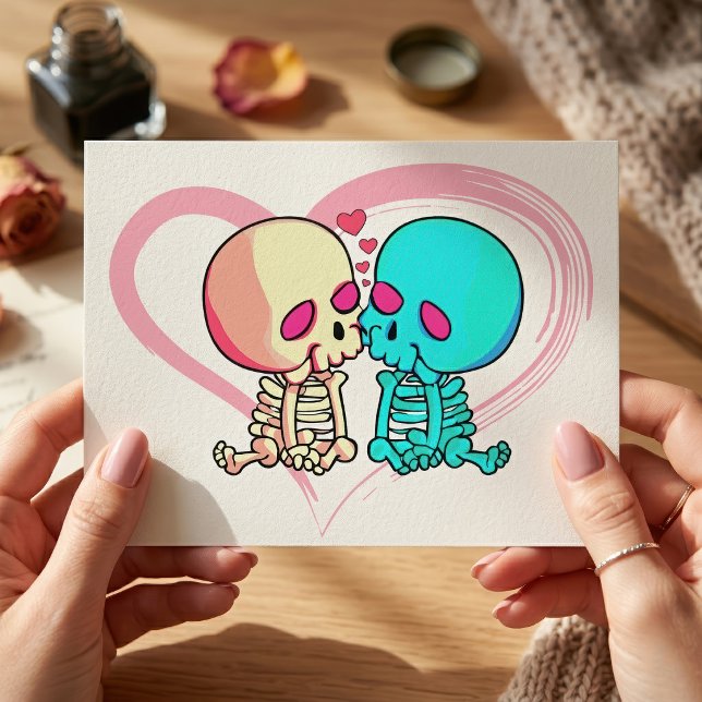 Romantiskt skelettpar som kysser i rosa hjärta vykort (Romantic Skeleton Couple Kissing in Pink Heart. Postcard)
