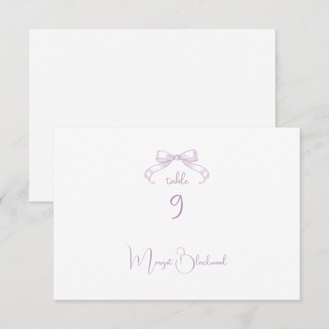 Romantiskt skissat Bow Lilac Guest Namn-platskort (Fram/baksida)