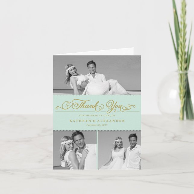 Romantiskt skript 3 Multi Photo Bröllop Tack Kort (Framsida)