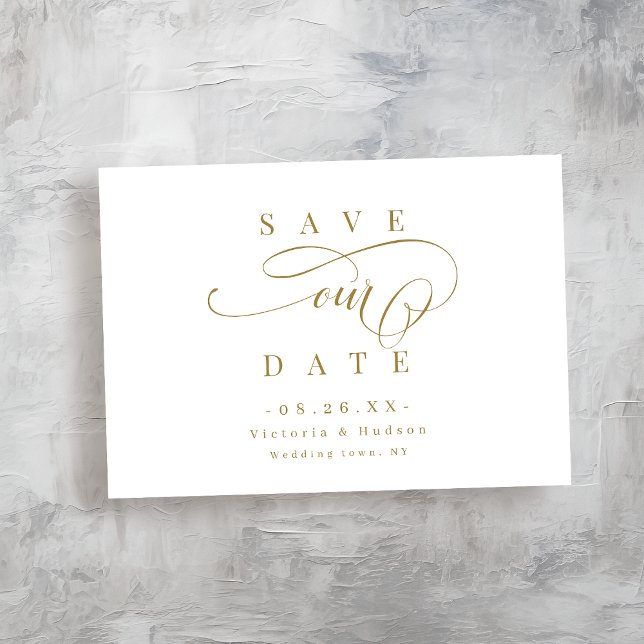Romantiskt skript för enkel elegant i Guld sparar  Spara Datumet (Gold simple elegant romantic script save the date)