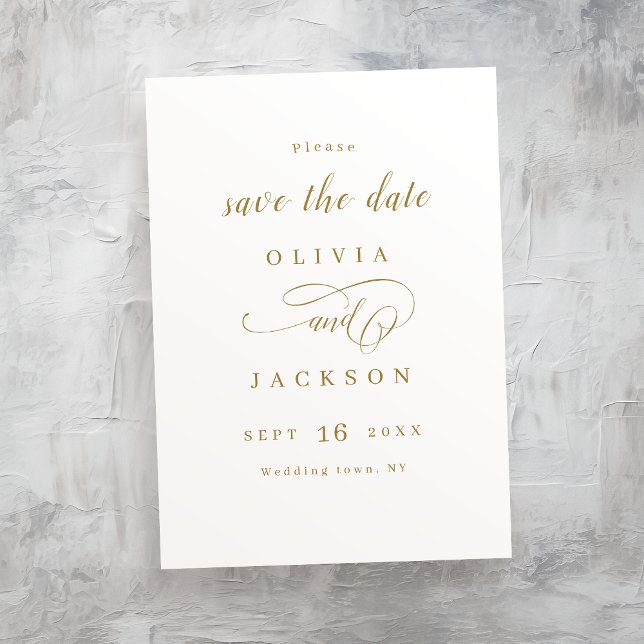 Romantiskt skript för enkel elegant i Guld sparar  Spara Datumet (Gold simple elegant romantic script save the date)