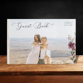 Romantiskt skript Photo & Wildblommor Ivory Bröllo Gästböcker