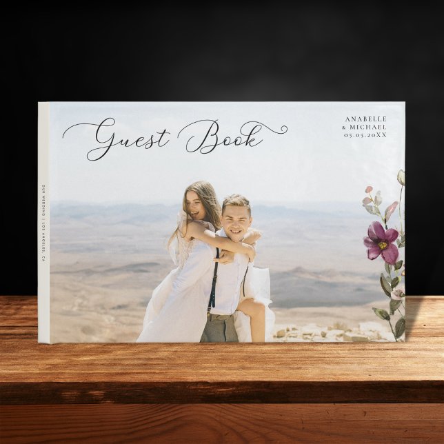 Romantiskt skript Photo & Wildblommor Ivory Bröllo Gästböcker (Skapare uppladdad)