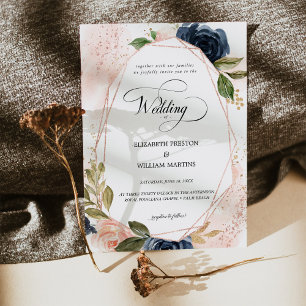Romantiskt skript Rosa Navy Blommigt Bröllop Inbjudningar