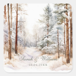 Romantiskt snöigt vinter skogsbröllop fyrkantigt klistermärke