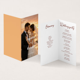 Romantiskt solnedgångsstrandbröllop löftesprogram kort