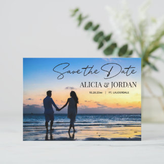 Romantiskt strand solnedgång foto Spara datum-kort Datumet
