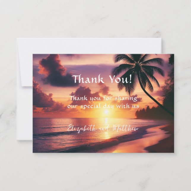 Romantiskt strandbröllop vid solnedgång tack kort (Framsida)