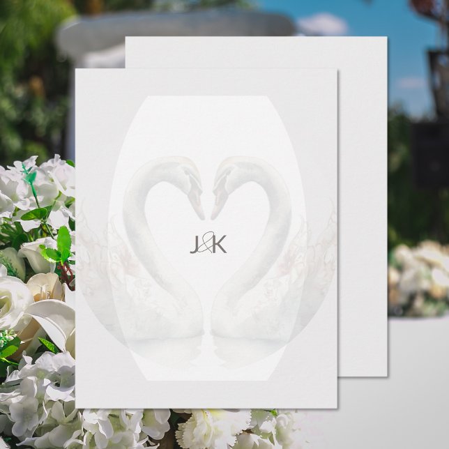 Romantiskt Svan par monogram - platta anteckningsk Anteckningskort (Romantic Swan Couple Monogram Flat Note Card (front and back))