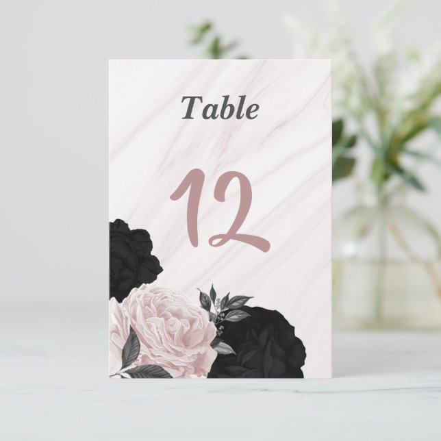 Romantiskt svart & rosa blommigt bordnummer inbjudningar (Stående Fram)