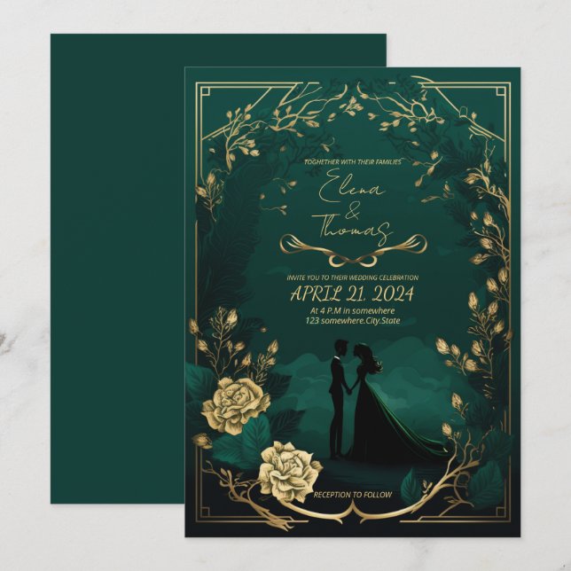 Romantiskt tema i Emerald Grönt och Golden-uppgift Inbjudningar (Fram/baksida)