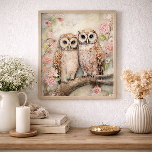 Romantiskt Ugglpar Blommig Natur Stuga Poster