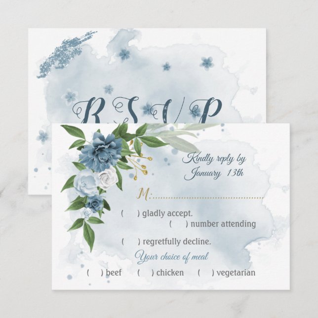 romantiskt val av blåa blommor grå måltid OSA kort (Fram/baksida)