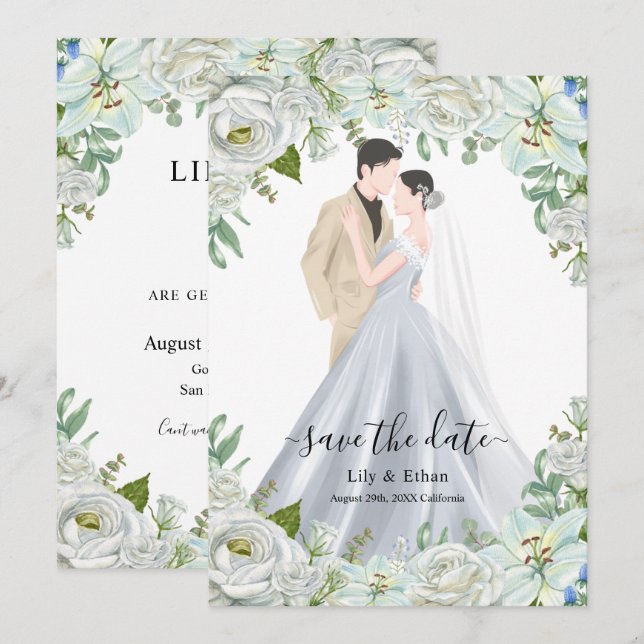 Romantiskt vattenfärgbröllop spara datumet (Fram/baksida)