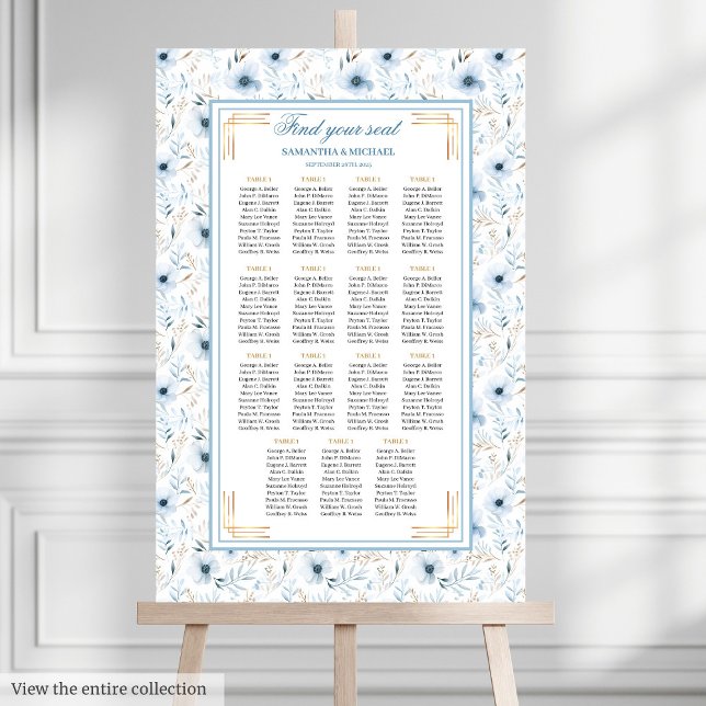 Romantiskt vattenfärgsdiagram Pastel Blue Guld Sit Poster (Romantic Watercolor Pastel Blue Gold Seating Chart)