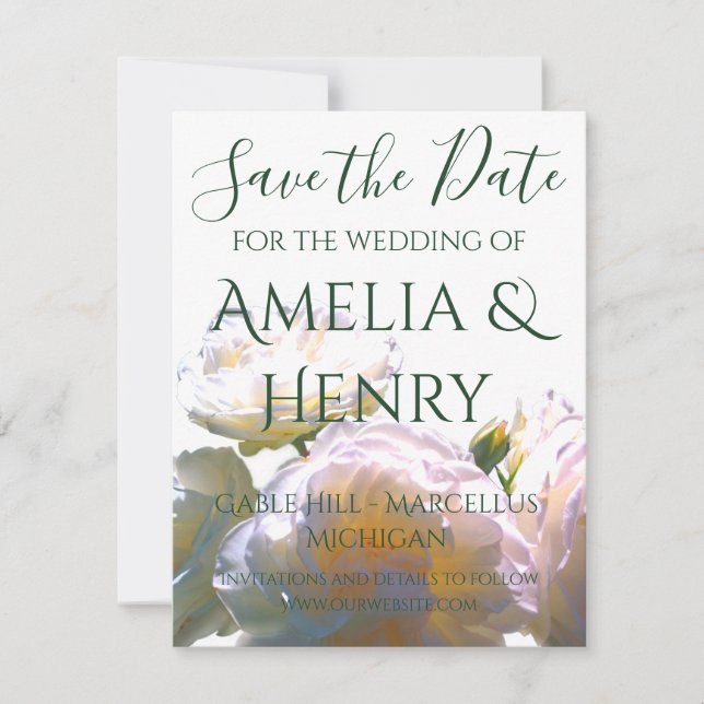 Romantiskt vitt, gult, orange, guldfärgat ro spara datumet (Framsida)