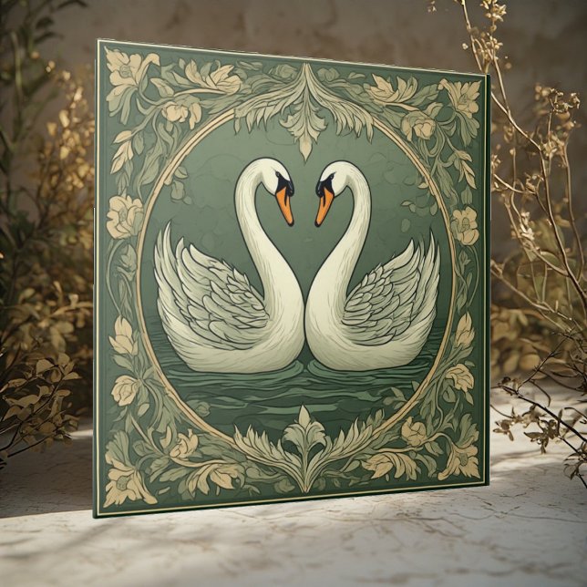 Romantiskt Vitt Svanpar Art Deco-damm Grön Hav Kakelplatta (Romantic White Swan Couple Art Deco Pond Green Sea Ceramic Tile)