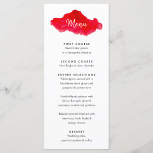 Romantiskt Watercolor Red Bröllop Menu-kort Meny