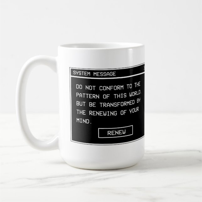 Romarbrev 12:2 Svart och Vitt Datorvarningsfönster Kaffemugg (Vänster)