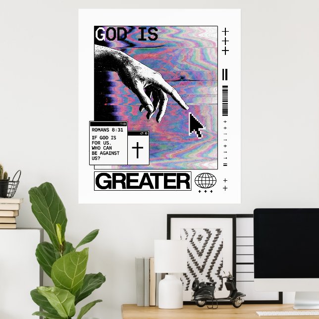 Romarbrev 8:31 Cyberpunk Handen Guds Glitch Art Poster (Hemmakontoret)