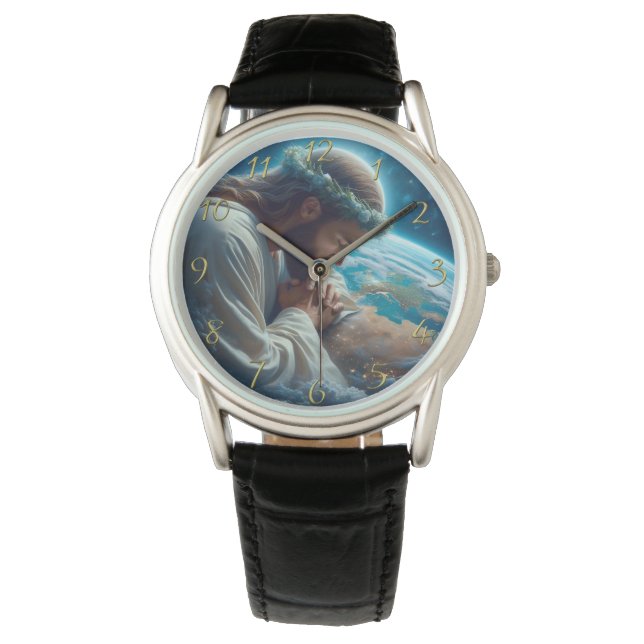 Romarbrevet 6:23 hand som håller kors  guld armbandsur (Framsida)