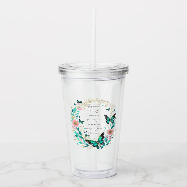 Romarbrevet 8:28 Blommor och fjärilar  Take Away Mugg (Framsida)