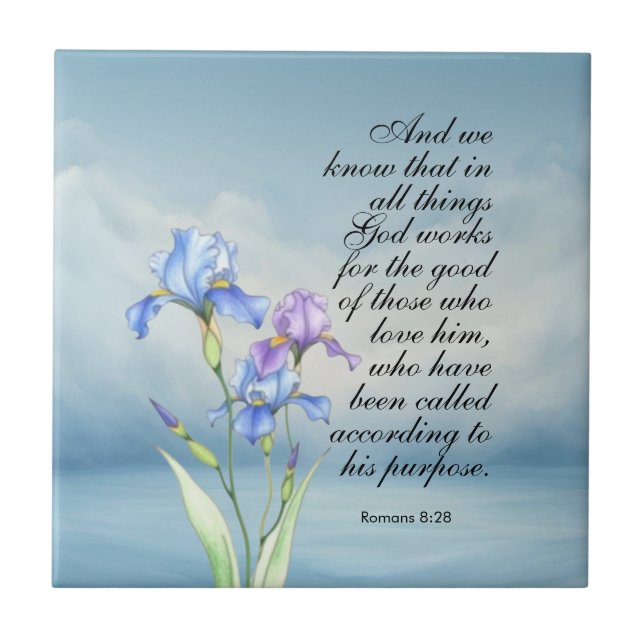 Romarbrevet 8:28 Iris Watercolor  Kakelplatta (Framsidan)