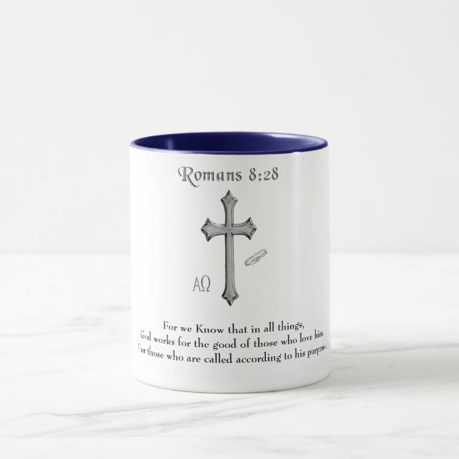 Romarbrevet 8:28 kristen bibelvers mugg (Center)