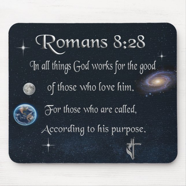 Romarbrevet 8:28 kristen bibelvers musmatta (Framsidan)