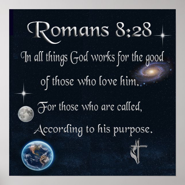 Romarbrevet 8:28 kristen bibelvers poster (Framsidan)