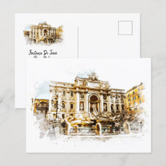ROME Italien Trevi Fontän Watercolor Pawares Roma Vykort