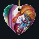 ROMEO AND JULIET Romantic Valentines's Day Julgransprydnad Keramik<br><div class="desc">Balcony scene from Romeo and Juilet  tragedy by William Shakespeare .Original contemporary watercolor painting with golden foil and iridescent colors in bright purple , pink, green, yellow orange ,  teal, turquase,  white ..Painting by Bulgan Lumini (c)</div>