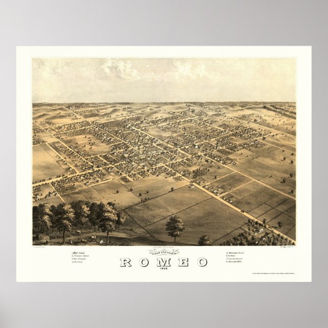 Romeo, MI Panoramic Karta - 1868 Poster (Framsidan)