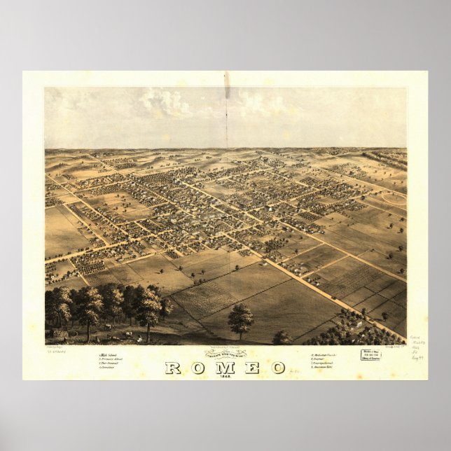 Romeo Michigan 1868 Antique Panoramic Karta Poster (Framsidan)