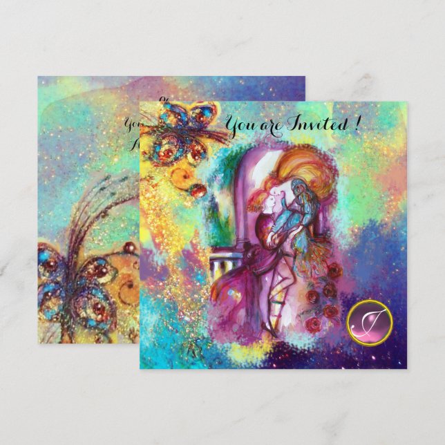 ROMEO OCH JULIET Blommigt Blue Guld Sparkles Inbjudningar (Fram/baksida)