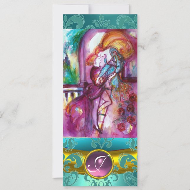 ROMEO OCH JULIET Rosa Aqua Blue,Teal Damask Blommi Inbjudningar (Framsida)