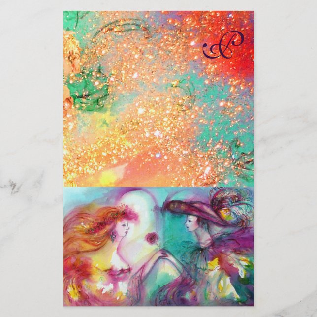 ROMEO OCH JULIET,ROSA GRÖNT GULD SPARKLES MONOGRAM BREVPAPPER (Framsida)