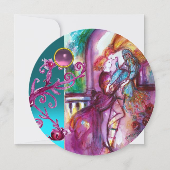 ROMEO OCH JULIET /Teal Rosa Damask Blommigt Swirls Inbjudningar (Framsida)